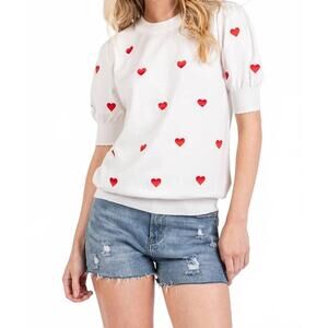 NEW SEWN AND SEEN valentines heart sweater short sleeve top in ivory/red